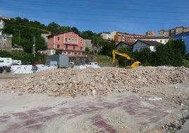 Parte del material de las naves derribadas, junto a una excavadora, en el barrio de Lutxana.