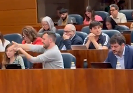 Un diputado de Más Madrid simula disparar a Ayuso en el pleno de la Asamblea