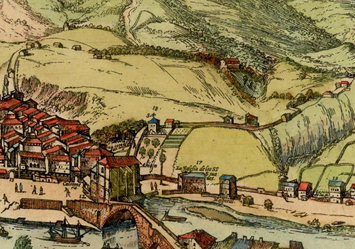 La representación gráfica más antigua de Santa María de Begoña está en la vista de Bilbao de la obra 'Civitates orbis terrarum' (1572), arriba a la derecha.