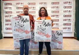 La secretaria de CC OO en el País Vasco, Loli García, y el de UGT Euskadi, Raúl Arza, en la presentación de los actos del 1 de Mayo.