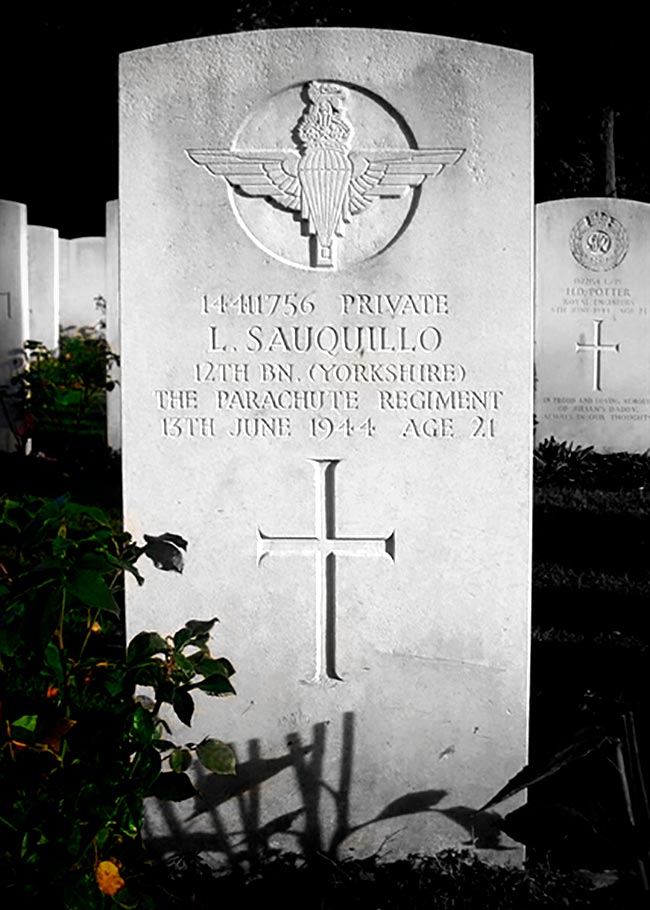 Lápida del soldado Lucio Sauquillo, fallecido el 13 de junio de 1944 a los 21 años de edad.