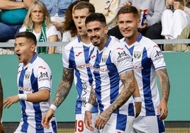 Miguel celebra un gol con el Leganés.