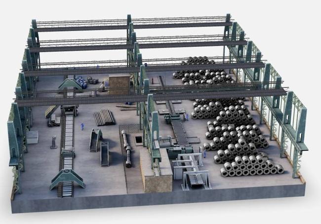 Recreación en 3D de parte del interior de la fábrica con las bobinas de acero.