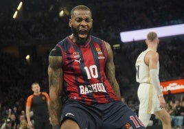Miller-McIntyre festeja una jugada en uno de los partidos de cuartos de final de Euroliga ante el Real Madrid.