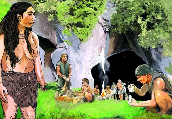 La ilustración recrea a 'Andere' con su grupo en la cueva de El Polvorín.