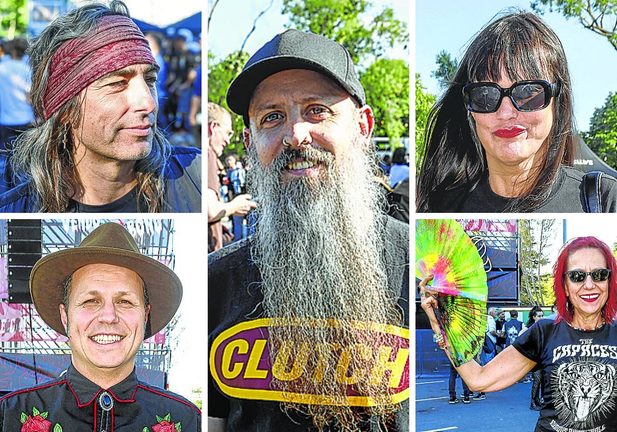 A la izquierda, arriba, Yumai Yagüe, al más puro estilo de Axl Rose, y abajo, Gonzalo Orbea, con sombrero. En el centro, Antxon Pérez y su extensa barba. Y a la derecha, arriba, Diana Pérez, vestida de negro. Y abajo, Ana Andino desenfunda sus abanicos para frenar al calor.