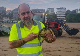 Rubén Urrutxi con la tortuga que ha aparecido a primera hora de la mañana en Ereaga.