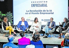 En la torre BAT de Bilbao. La moderadora Ainhoa García con José María Lucía, Arrate Jaureguibeitia, Alex Rayón, Eider Sánchez y Óscar Julià.