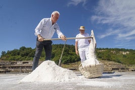 El chef Bittor Arginzoniz recolecta la primera sal de la temporada en el Valle Salado de Añana.