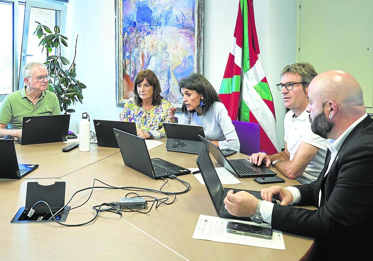 La consejera Nerea Melgosa (en el centro) junto a responsables forales durante la reunión telemática.