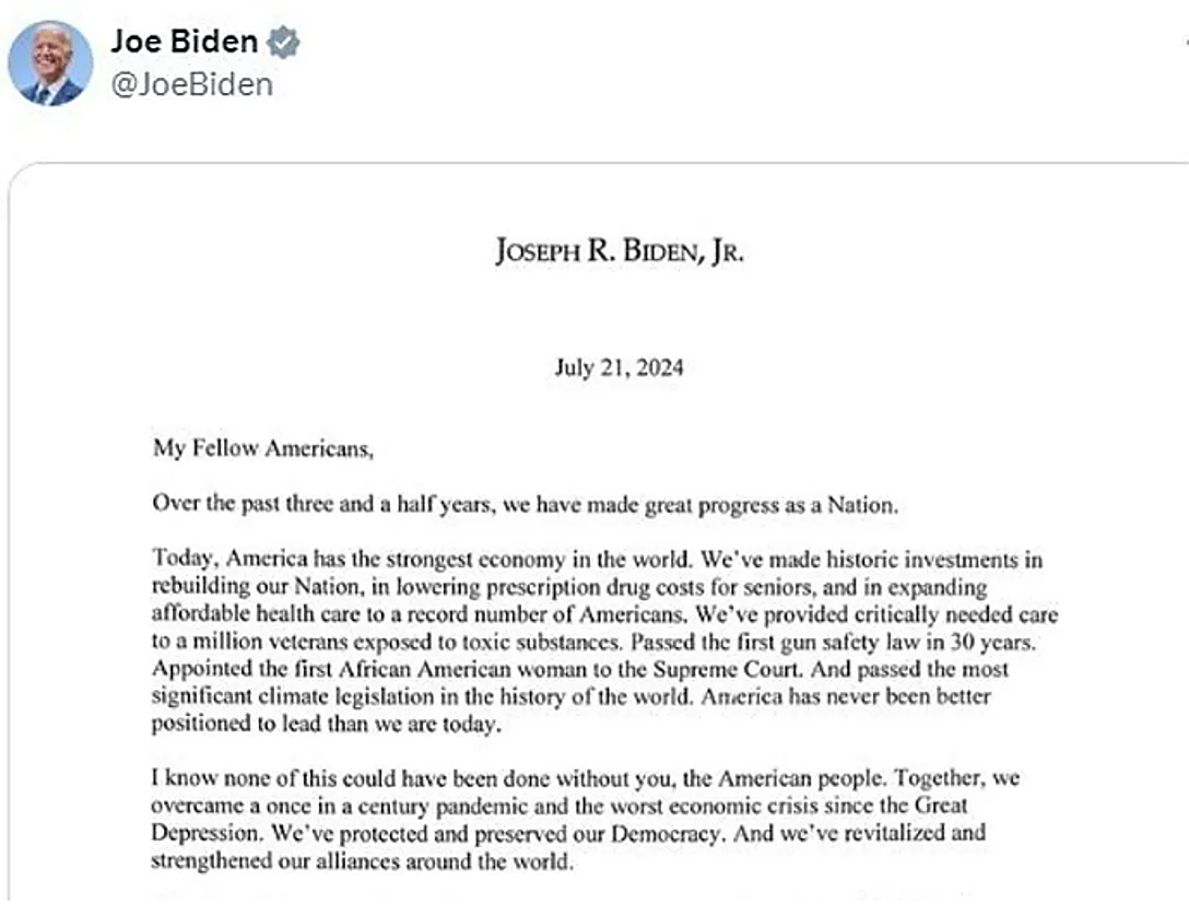 La carta íntegra con la que Joe Biden anuncia su retirada de la carrera presidencial