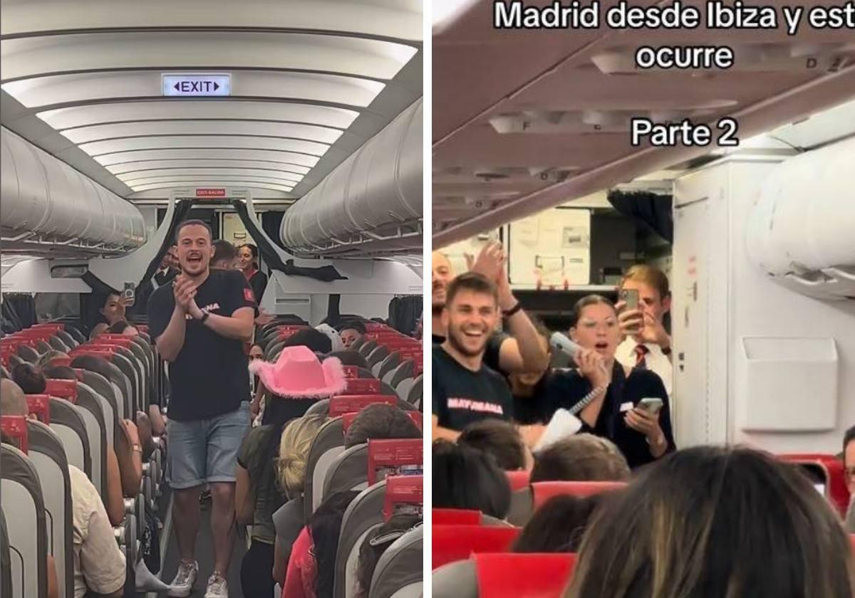 Mayumana y una azafata improvisan una actuación en un avión para entretener a los pasajeros