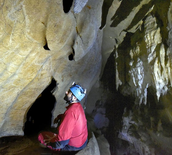 Un arqueólogo observa la silueta de unos caballos en la cueva de Atxurra.