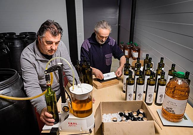 Fernando Santamaría López de Lacalle (53) y Ramón López de Arkaute López de Ipiña (57) embotellan aceite ecológico de colza de sus propias plantaciones (un cultivo de rotación como el girasol) en un pabellón industrial municipal del polígono Okiturri, en San Román de San Millán. Producen unos 4.000 litros al año que venden a 5 €/l., al mismo precio que el «zumo de pipas» que hacen con girasol (otros 4.000 litros).
