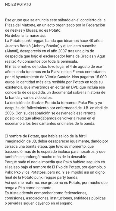 Imagen - Comunicado de Pedro Espinosa, miembro fundador de Potato.