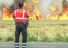 Un agente de la Ertzaintza observa un incendio en la zona rural de Álava.