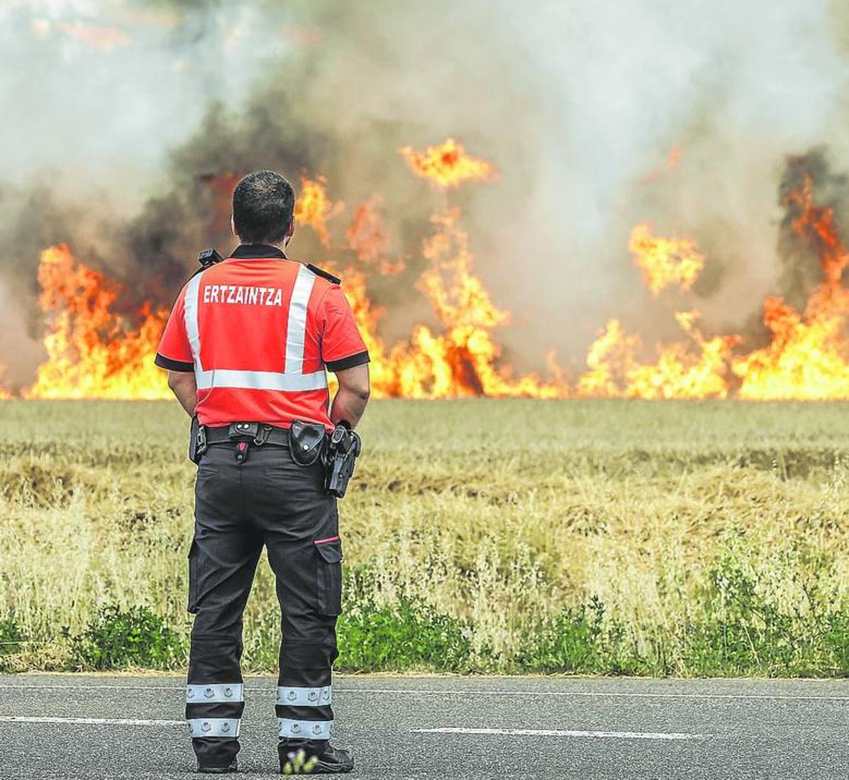 Un agente de la Ertzaintza observa un incendio en la zona rural de Álava.