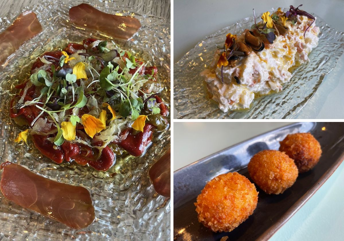 Esgarraet, entrante fresco tradicional a base de pimientos rojos, bacalao y mojama. Ojo a esta ensaladilla rusa con mejillones porque está entre las mejores de la villa. Y croquetas