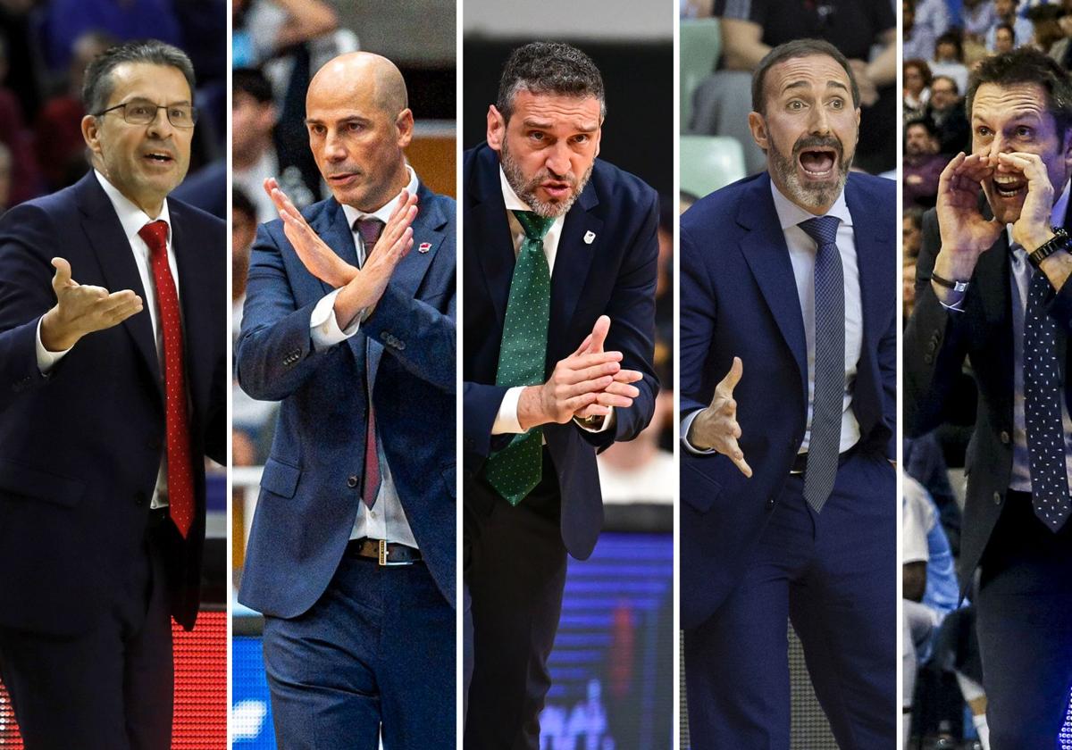 De izquierda a derecha: Pedro Martínez (de vuelta a Valencia), Joan Peñarroya (debuta en el Barça), Sito Alonso (sigue en el UCAM), Ibon Navarro (continúa en el Unicaja) y Natxo Lezkano (se mantiene en Andorra). Los cinco entrenaron al Baskonia en etapas anteriores.