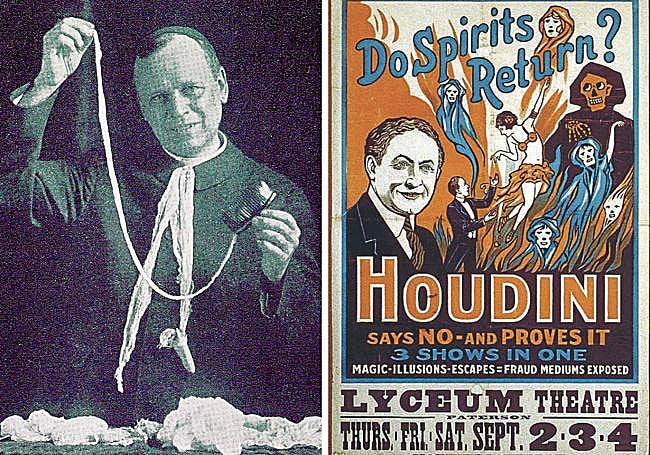 A la izquierda, Carlos María de Heredia. El jesuita mexicano 'materializa' ectoplasma a partir de un dedo postizo y con ayuda de un peine. A la derecha, ¿Vuelven los espíritus? «Houdini dice que no y lo demuestra», reza el cartel de un espectáculo en el que replicaba los trucos de los médiums.