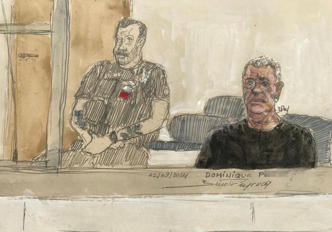 Este boceto judicial realizado el 2 de septiembre de 2024 muestra al acusado Dominique P. (R) durante su juicio.