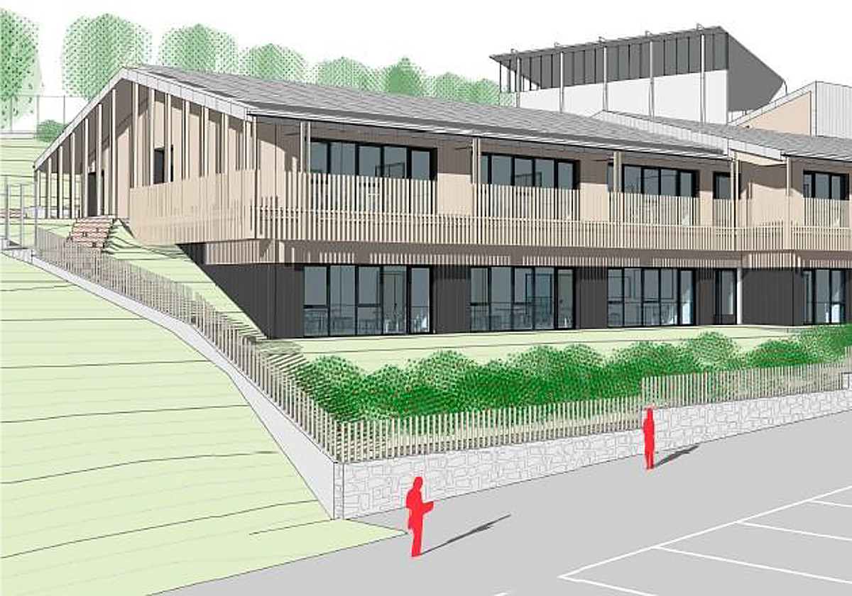 Infografía del futuro centro escolar Haizeder de Ea que apostará por las energías renovables como la geotérmica para su climatización.