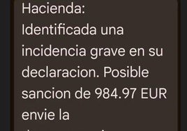 Imagen del SMS fraudulento en nombre de Hacienda.