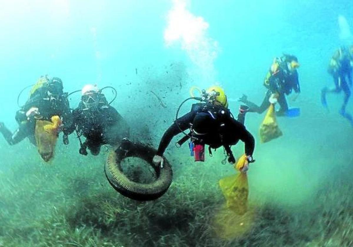 Un grupo de buceadores recoge un neumático y otros residuos del fondo del mar durante una limpieza.