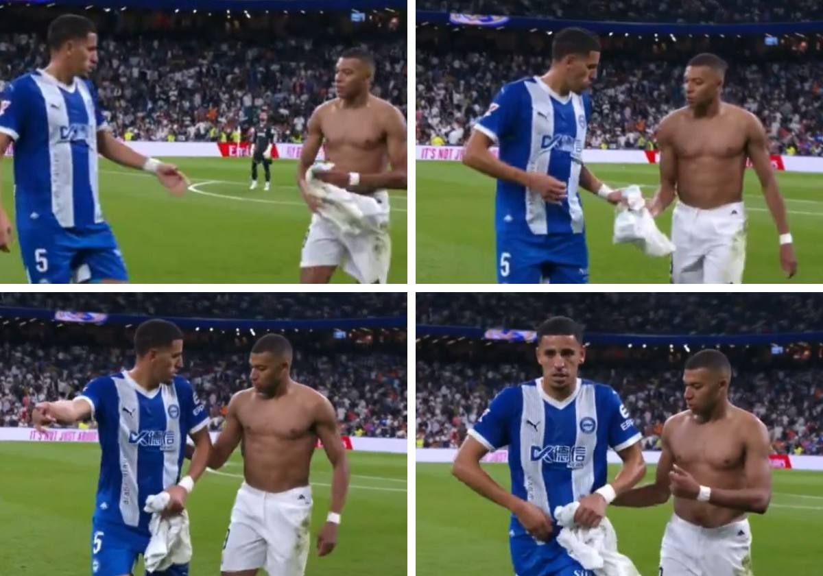 Momento en el que Kylian Mbappé entrega su camiseta a Abdel Abqar.