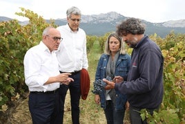 El diputado general de Álava, Ramiro González, en la Viña Primicia junto a la titular de Agricultura, Noemí Aguirre.