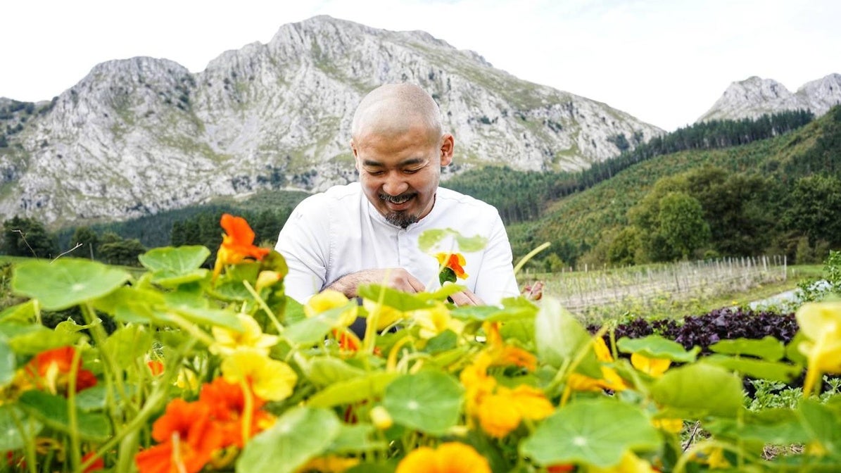 El cocinero japonés Tetsuro Maeda sostiene flores de capuchina, una planta que protege de plagas a la huerta de Txispa en Axpe y que usa en su cocina, a los pies del Anboto.