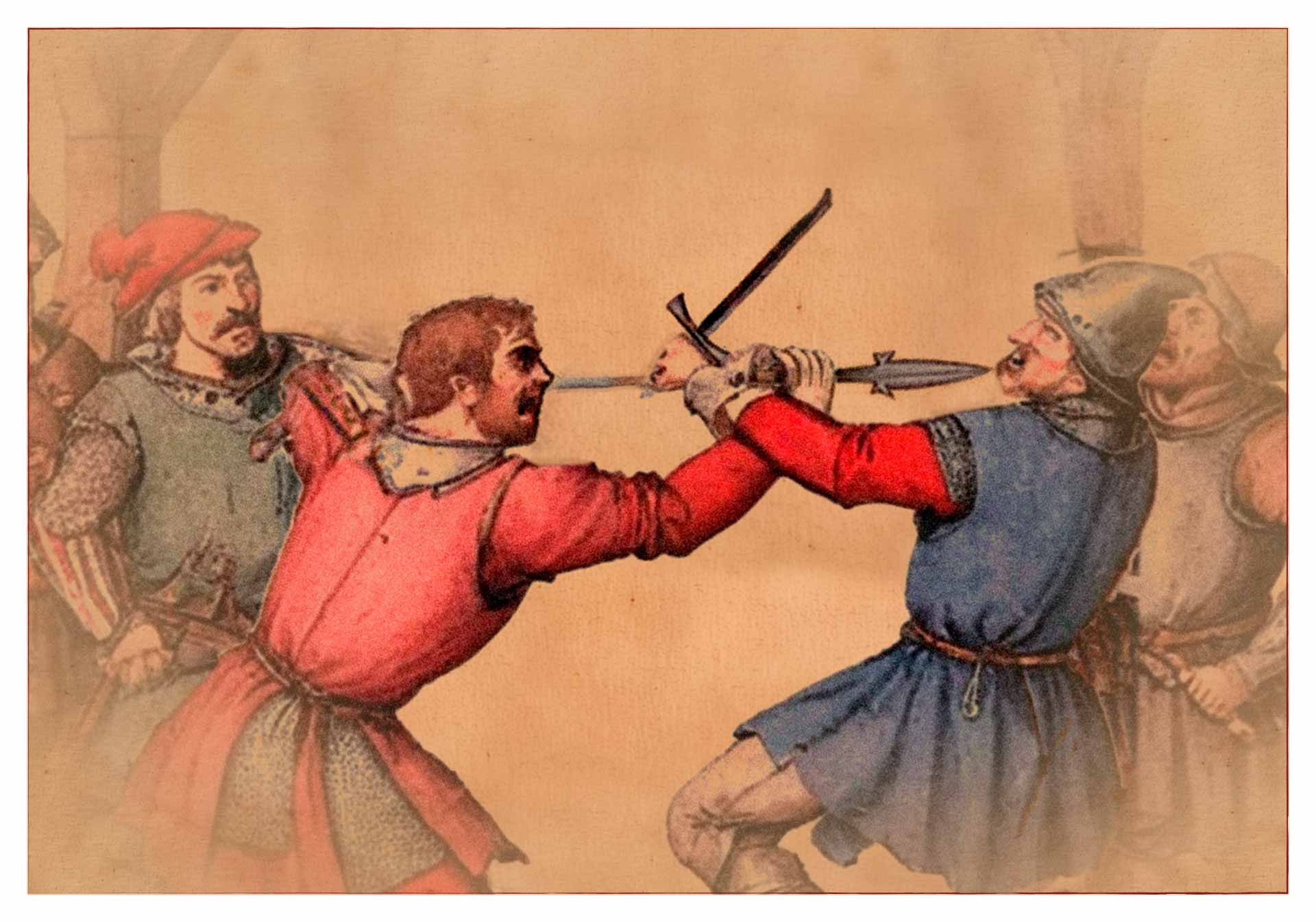 Recreación de una disputa de taberna en la que un tal Sancho de Someano atravesó la boca de Ferrando de Atxuriaga con su lanza. Al parecer, era habitual que las personas portaran lanzas y cuchillos en su vida cotidiana