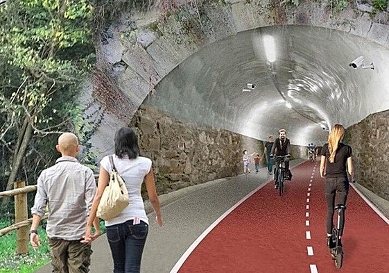 Infografía de cómo se verá la bicipista una vez finalicen las obras por el antiguo trazado del tranvía de Arratia.