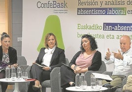 Virginia Múgica (Confebask), Tamara Yagüe (Confebask), Loli García (CC OO), Raúl Arza (UGT), Ramón Aranbarri (departamento de Salud) y José Félix de Jaime (INSS).