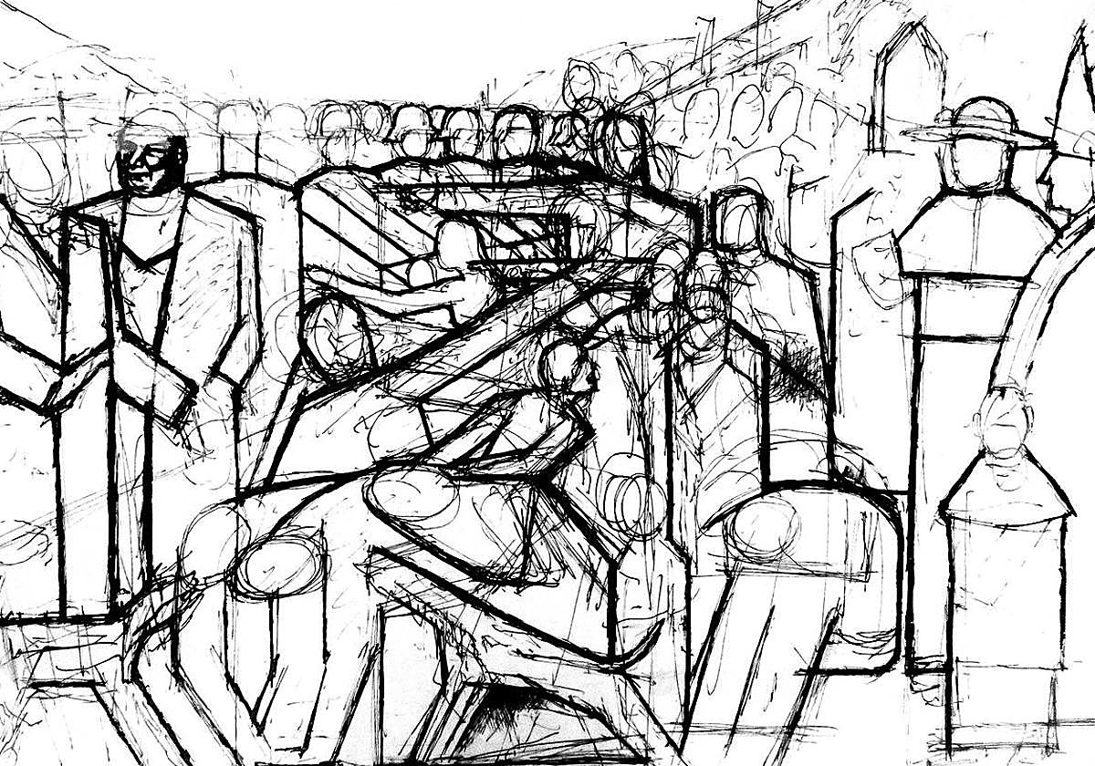 Boceto del mural 'Protesta' (1960) de Rafael Ruiz Balerdi, que no se completó por temor a represalias.