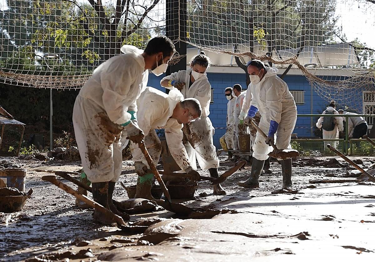 Voluntarios trabajan en las labores de retirada de lodo en el polideportivo de Masanasa, en Paiporta.