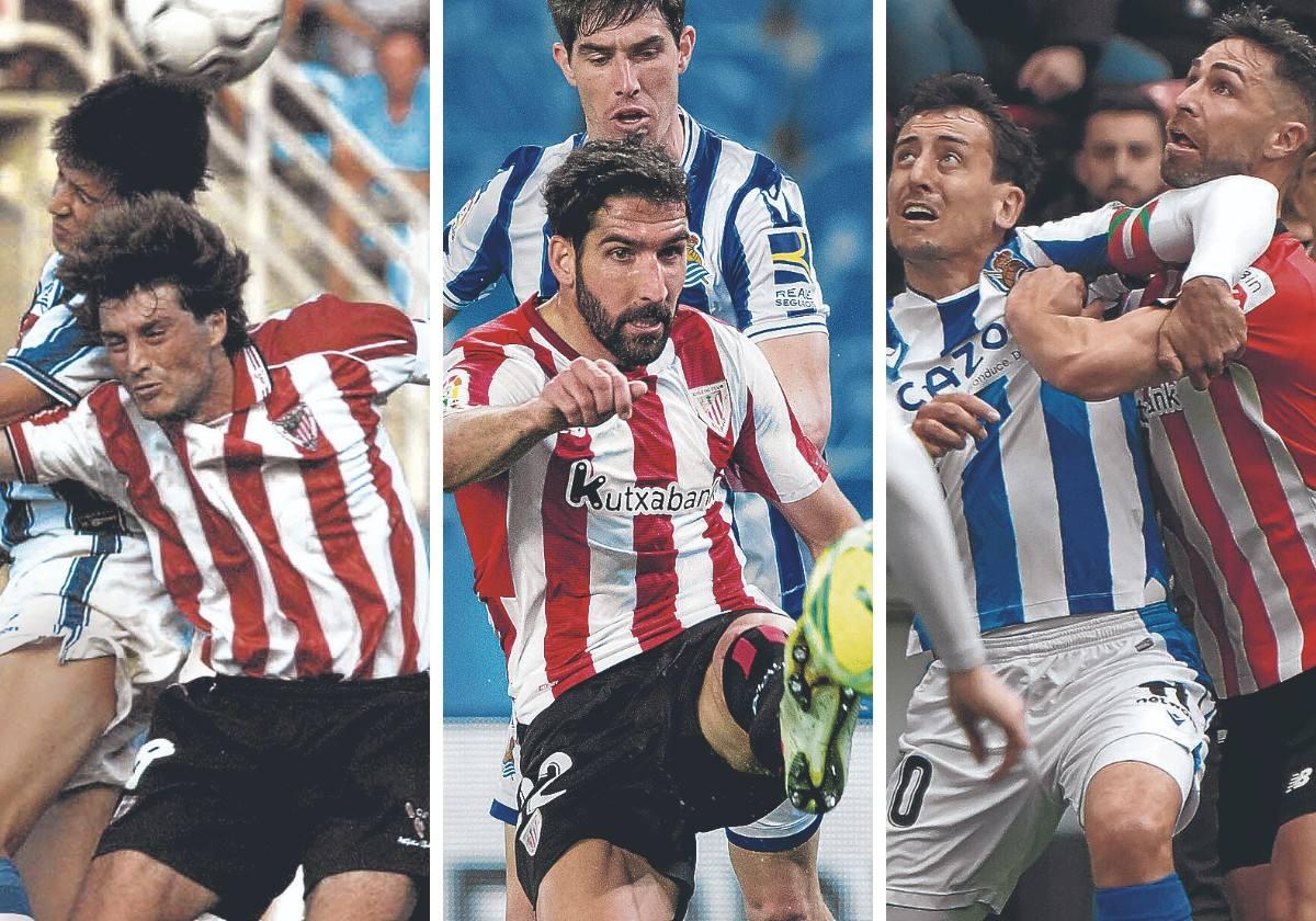 Julen Guerrero. El portugalujo salta con Mikel Aranburu en un derbi en Anoeta. Raúl García. El navarro dispara en presencia del realista Aritz Elustondo en un derbi.Yeray Álvarez. El central rojiblanco pelea con Mikel Oyarzabal, capitán de la Real, ante la mirada de Imanol.