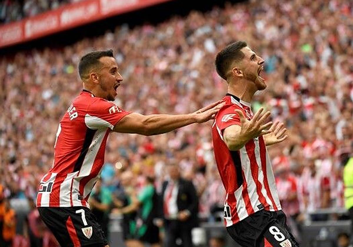 Sancet y Berenguer celebran el gol del primero al Getafe en San Mamés.