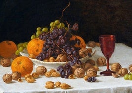 Bodegón con vino y uvas pasas de John F. Francis (1860).