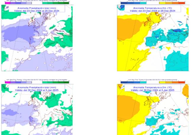 Predicción de Aemet para Navidades. Arriba los mapas de precipitaciones y temperaturas en la semana de Nochebuena y abajo los mapas correspondientes a la semana de Nochevieja.