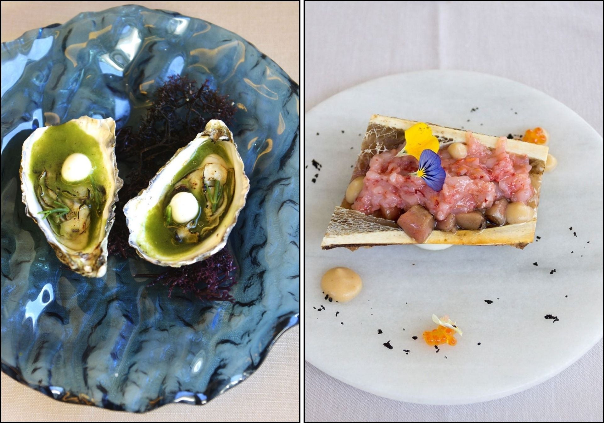 Ostra escabechada y tartar de carabinero.