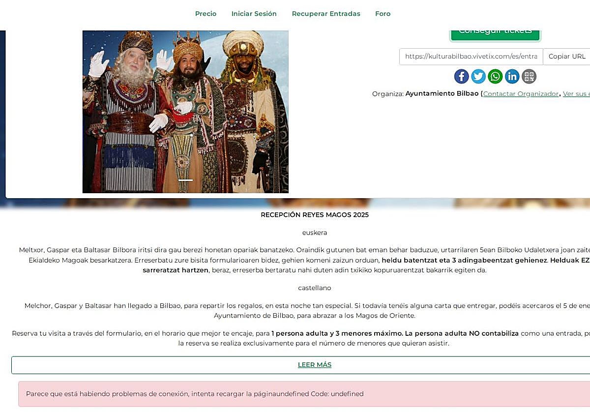 Agotadas las invitaciones para la recepción de los Reyes Magos en Bilbao pese al colapso de primera hora