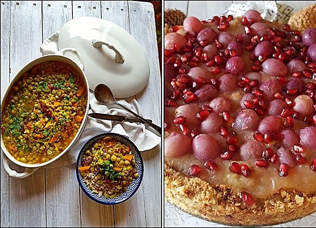 Guiso de guisantes y tarta de uvas.