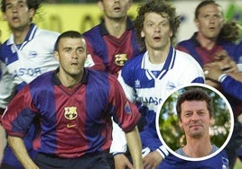 Eggen, que disputó 60 partidos con el Alavés, defiende a Luis Enrique en un partido de la temporada 2000-2001 y en una imagen actual.