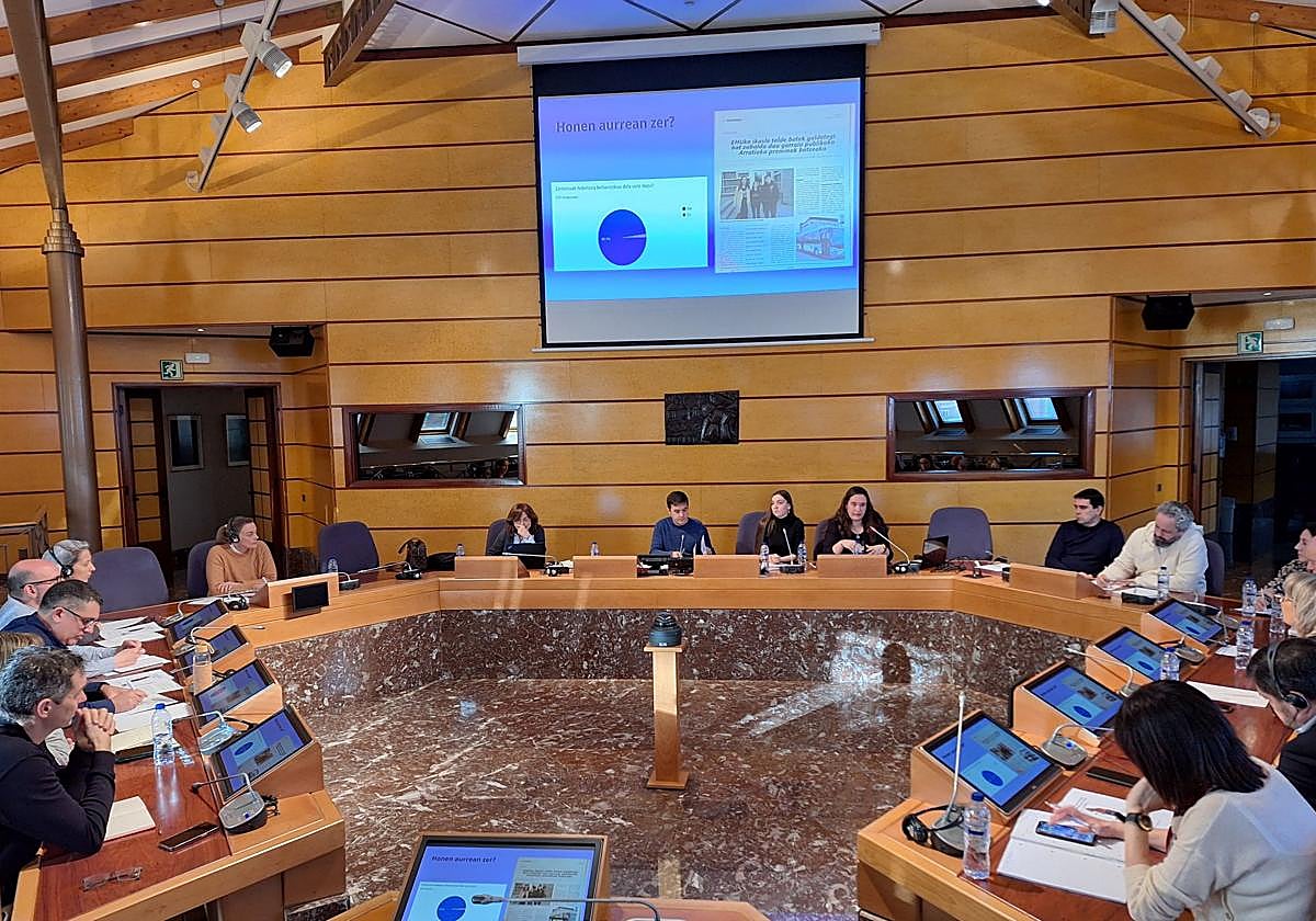 Las estudiantes de UPV Elaia Mendiologoitia y Bihotz Lekuona comparecen ante las juntas generales.