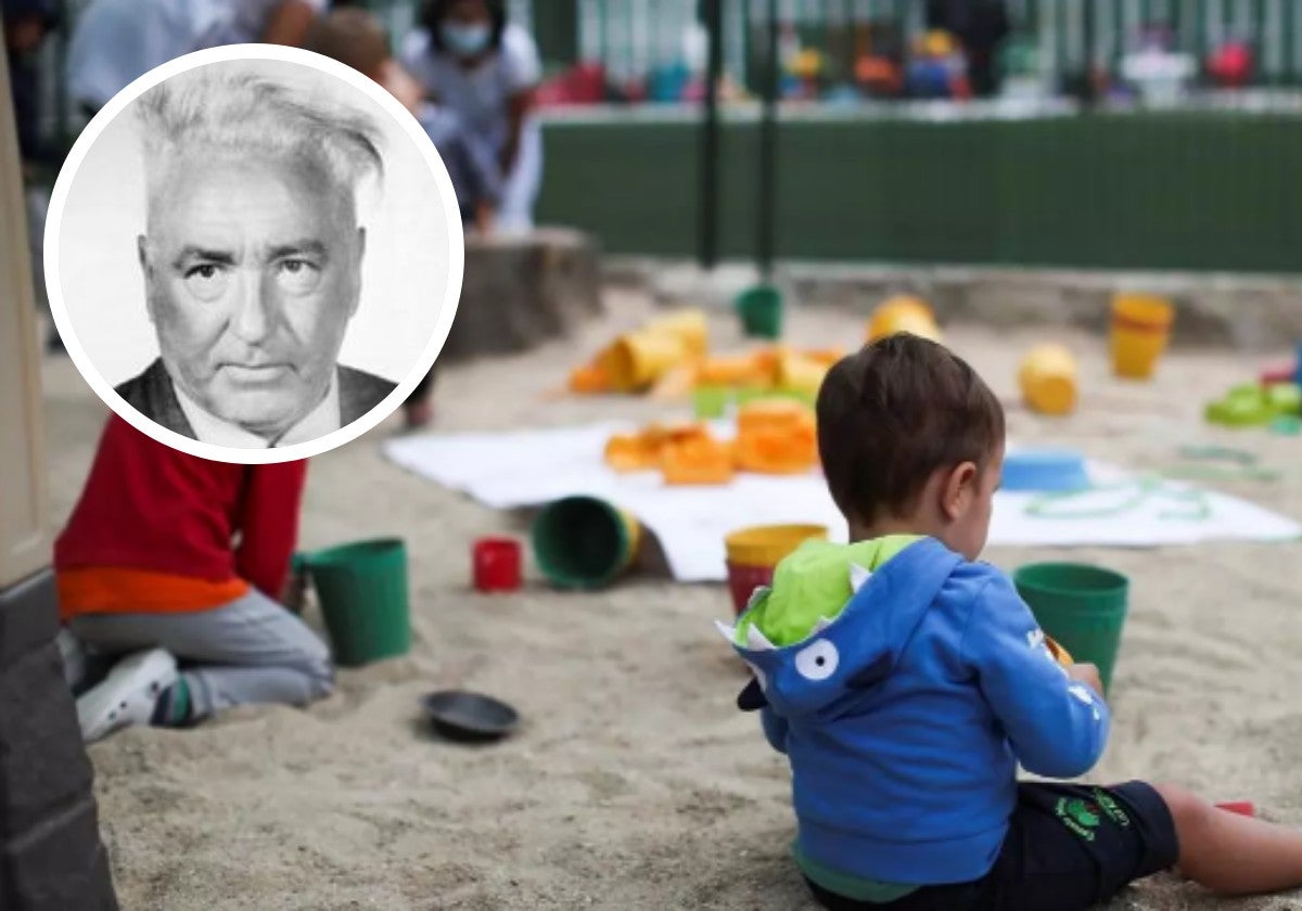 Niños juegan en el patio de una guardería ajena a la información. En el círculo, Wilhelm Reich.