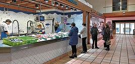 Varios clientes esperan su turno para comprar en uno de los dos puestos de la pescadería del mercado de abastos de Algorta.
