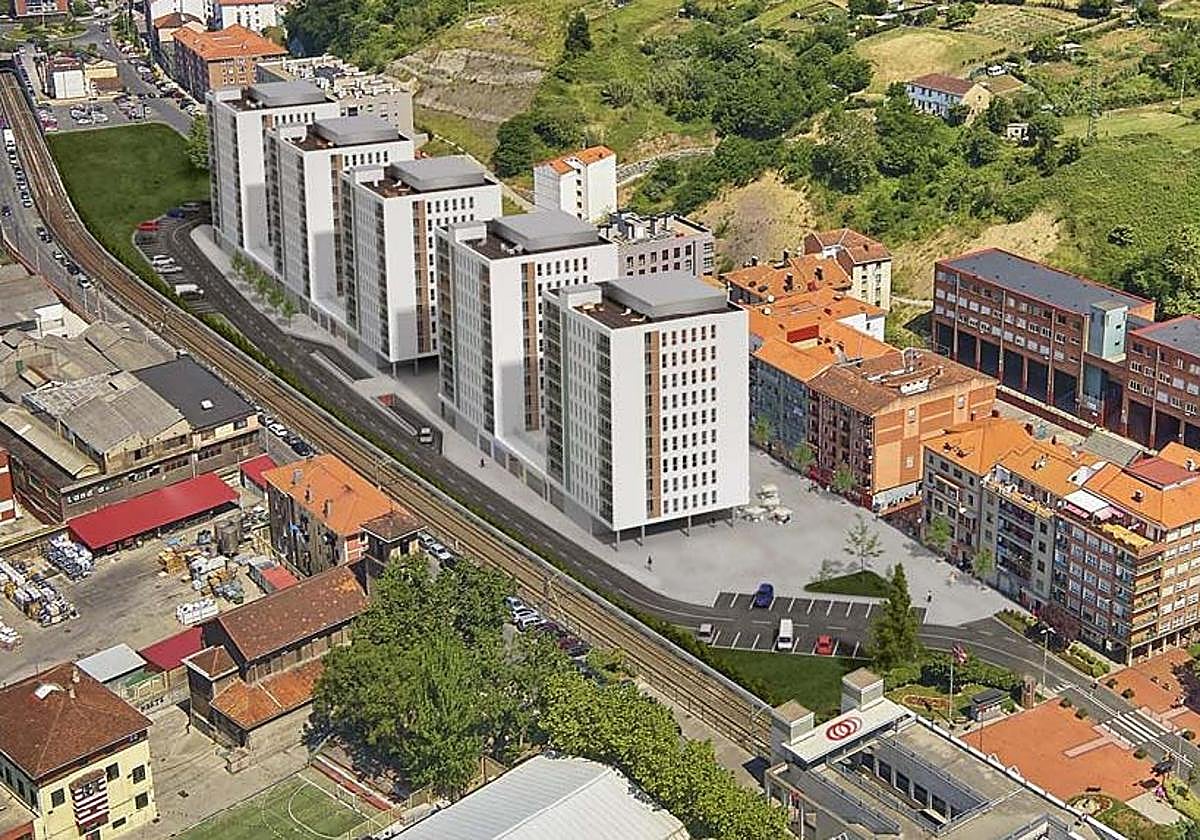 Infografía de los cinco edificios de 180 viviendas proyectados en el barrio de Lamiako.