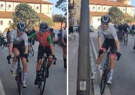 Un ciclista de la Fundación Euskadi empuja a un rival que casi choca contra una farola