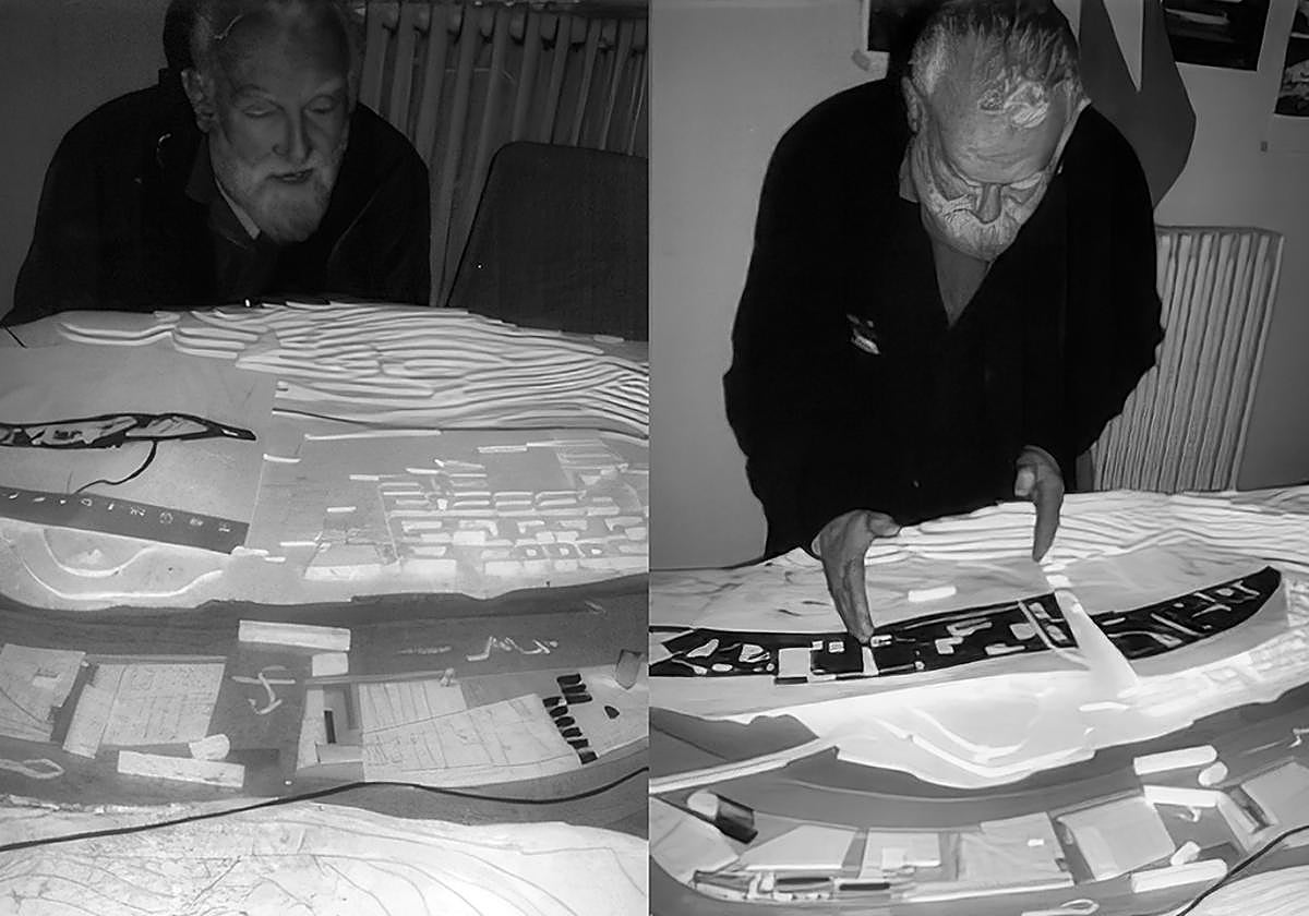 Jorge Oteiza, con la maqueta de su proyecto para Zorrozaurre.